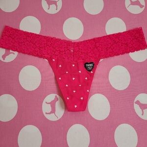VTG VS PINK Lace Trim Cotton Extra Low Rise Thong Panty Size Lg Hearts